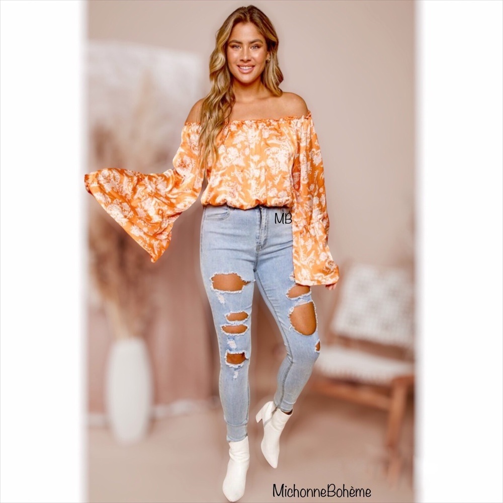 Orange Spring Floral Crop Top Blouse - Picture 6 of 11